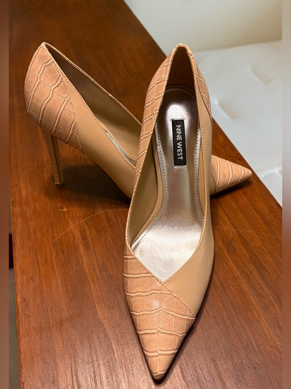 NWOT Nine West Tan Croc-Accent Pointed Toe Stiletto Pumps, Sz- 7.5M